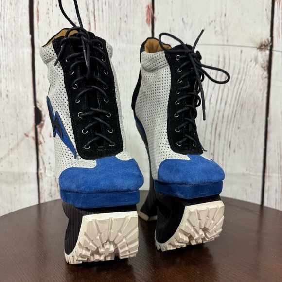 JEFFREY CAMPBELL Blue Suede Mesh high top sneakers wood & rubber platforms 6.5 - Picture 16 of 17